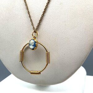 Minimalist Blue Cameo Pendant on Delicate Gold Tone Vintage Chain Necklace